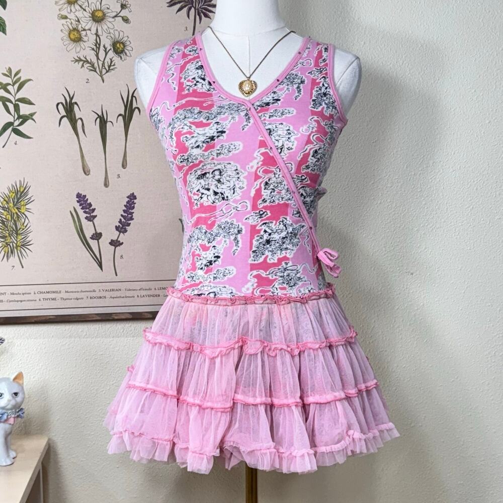 Pink Romantic Vintage Print Mesh Ruffle Tutu Dress Coquette Dolly Princess 10